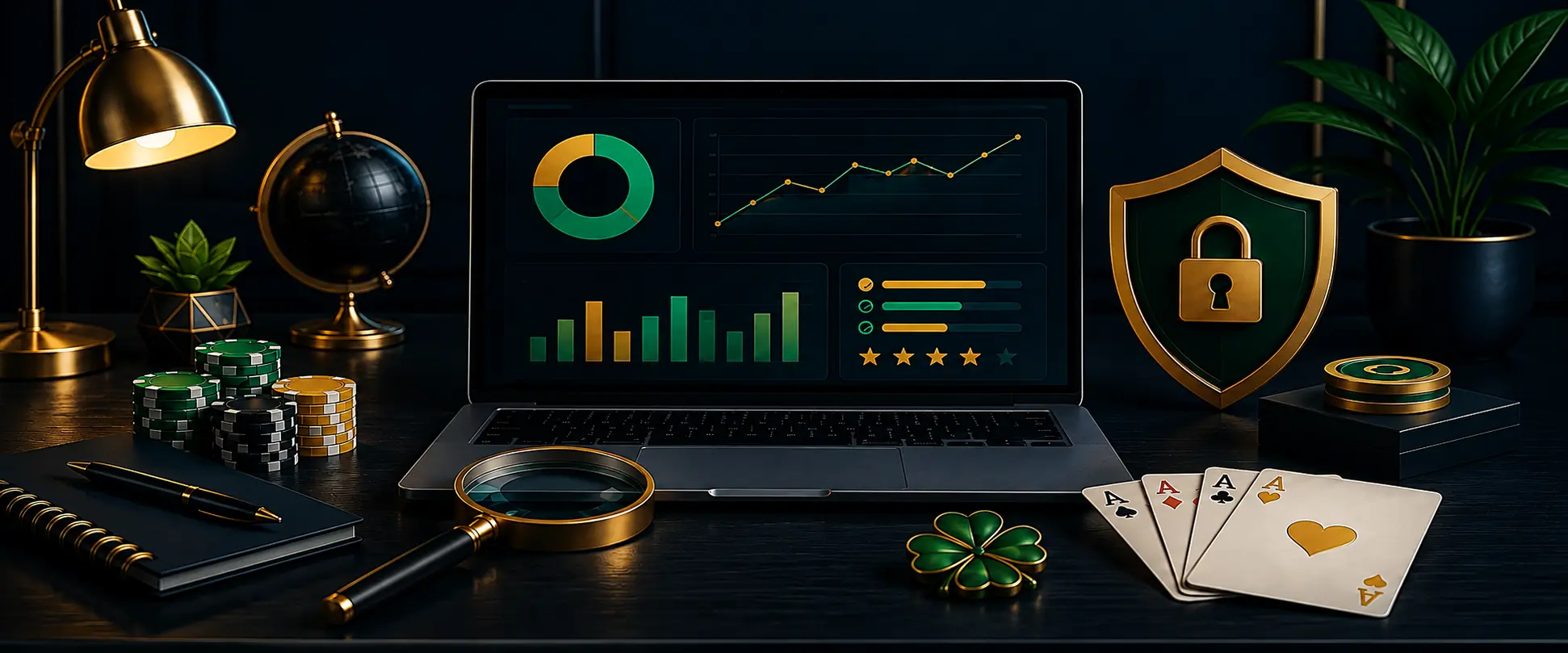 Casino review research desk with security and analysis symbols